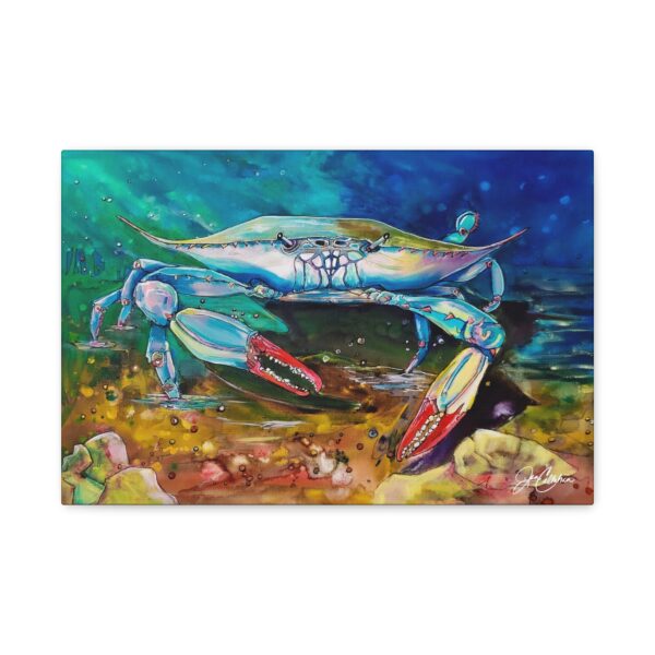 Jen Callahan Art | “Blue Crab with Rocks" River House Rental unit Wall Art Fun Beach Artwork Canvas Reproduction