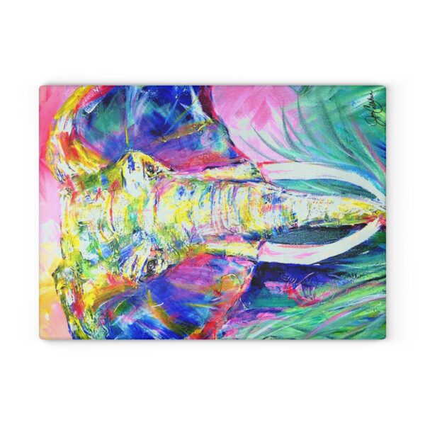 "Rainbow Elephant" Painting by Jen Callahan designed into a Glass Cutting Board - 11"x15"