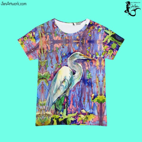 Egret White painting design for T-shirt made from Jen Callahan’s paintings into a Short Sleeve Shirt