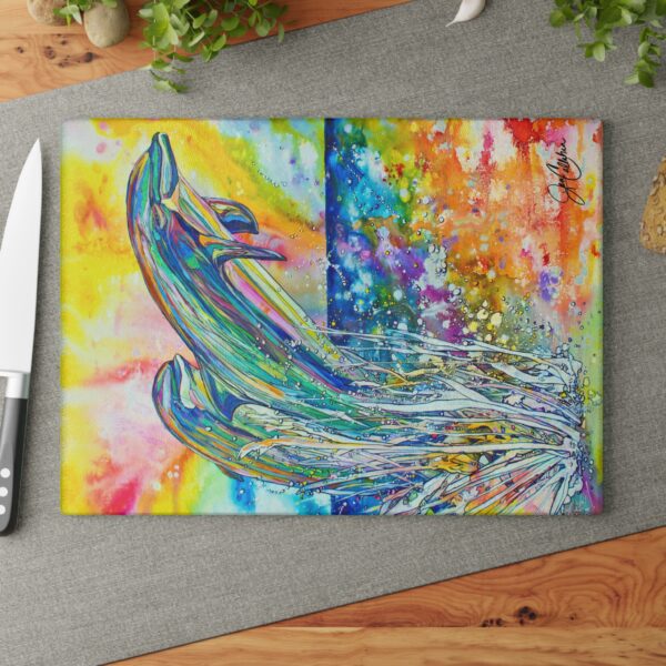 ‘Dolphin Jump” Glass Cutting Board made from Jen Callahan Original Painting