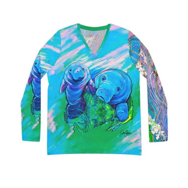 NEW Double Sided shirts with two paintings in design WOW "Mother Manatee and Jellyfish" Painting by Jen Callahan made into a Women's Long Sleeve V-neck Shirt