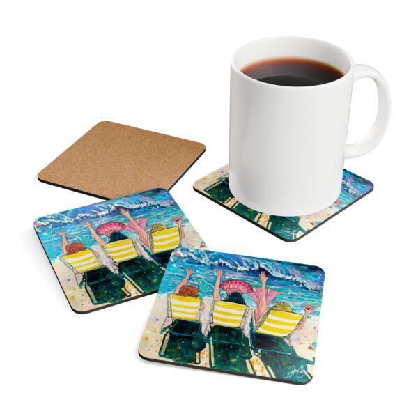 "Mermaids on Vacation" by Jen Callahan / into a 4pcs Corkwood Coaster Set - So Cute!