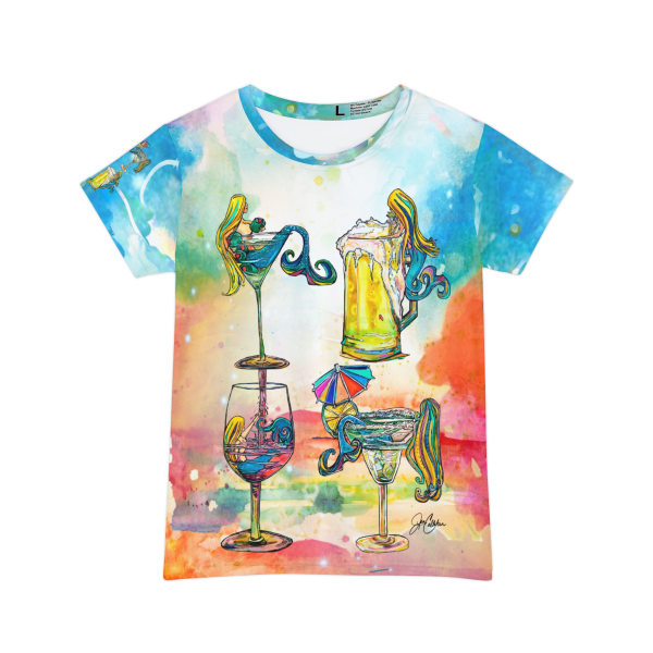 Mermaid T-Shirt Orange Background “Drunk Mermaids” OLIVE, SALTY, ROSE & TIPSY made from Jen Callahan’s paintings into a Short Sleeve Shirt