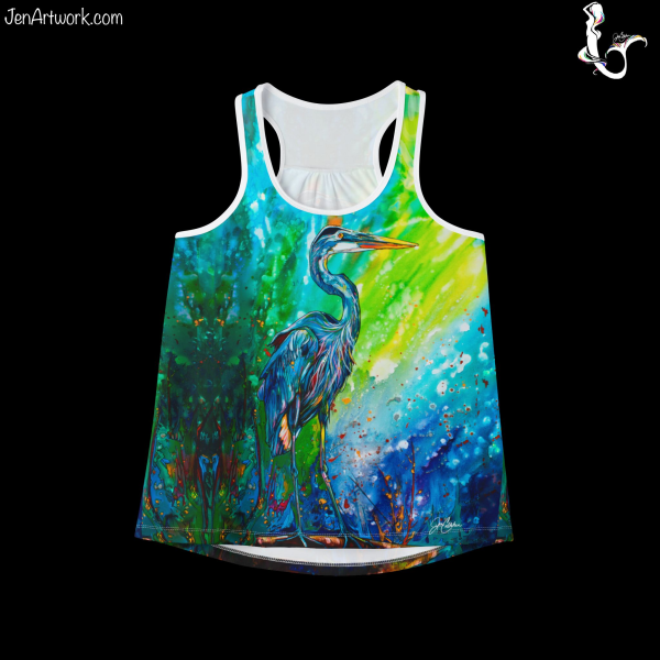 Blue Heron Shirt Women Bird Lover Racerback Tank "Heron Sunrise" a Painting by Jen Callahan "NEW" Women's Cut Tank Top MADE IN USA