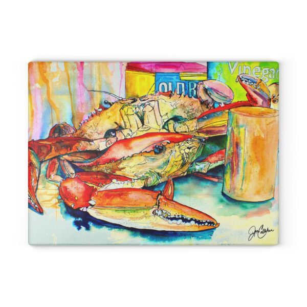 "Old Bay Mallet" Cooked Blue Crab Painting by Jen Callahan designed into a Glass Cutting Board - 11"x15"
