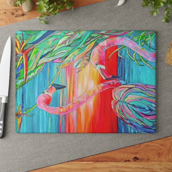 Flamingo Paradise Painting Glass Cutting Board | Decorative Hot Plate 11x15 8x11