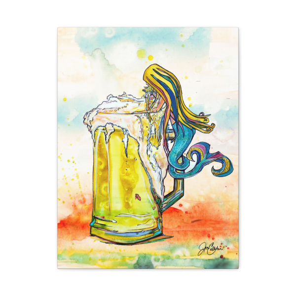 Jen Callahan Art | Drunk Mermaid in Beer Glass Matte Stretched Canvas — Colorful Beach House Wall Art
