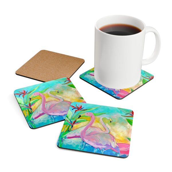 Flamingo Pastel Paradise Corkwood Coaster Set — 4pc Cute Flamingo Drink Coasters