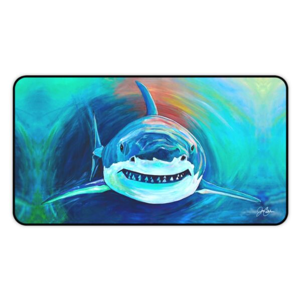 Shark Attack Desk Mat | Coastal Ocean Decor Table Runner | Colorful Beach House Accent by Artist Jen Callahan Original Painting