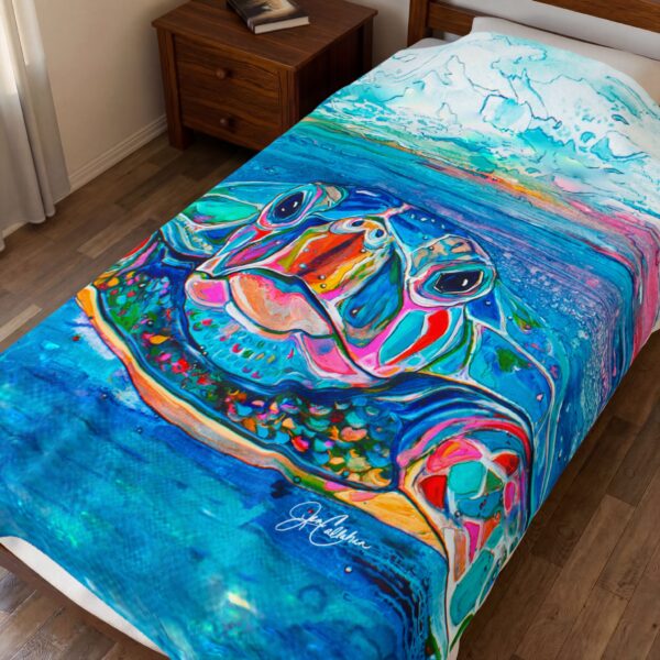 Sea Turtle Velveteen Plush Blanket — "Hello Turtle" Twin 60x80, Marine Biology Gift