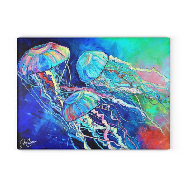"Three Stingers" Jelly Fish Jellyfish Painting by Jen Callahan designed into a Glass Cutting Board - 11"x15"