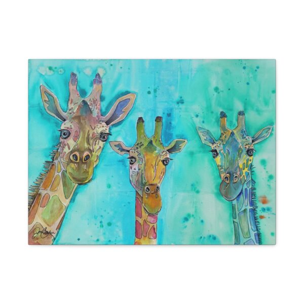 “Giraffic Gossip” — three curious giraffes leaning in to share the latest savanna secrets, painted in bright, playful watercolor to spark joy and laughter. — Jen Callahan, jenartwork.com