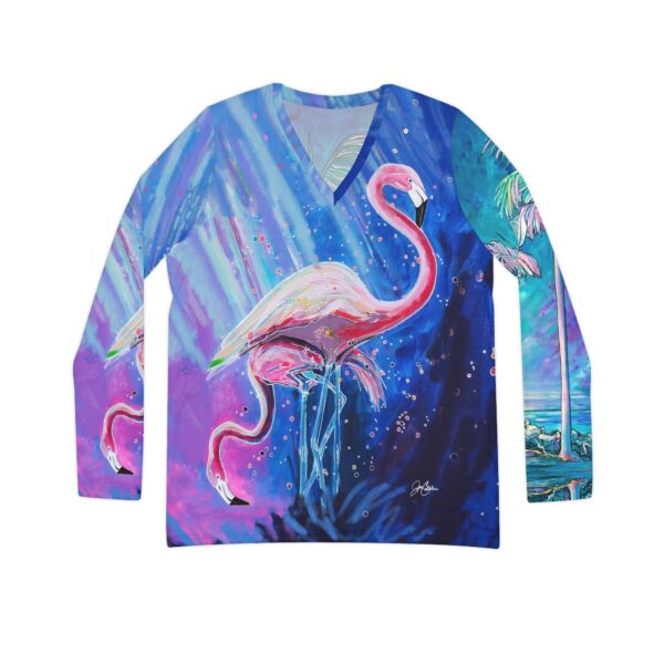 NEW Double Sided shirts with two paintings in design WOW "Flamingo Rain & Key West Palms" Painting by Jen Callahan made into a Women's Long Sleeve V-neck Shirt