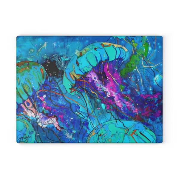 "Blue Jellies" Jelly Fish Jellyfish Painting by Jen Callahan designed into a Glass Cutting Board - 11"x15"