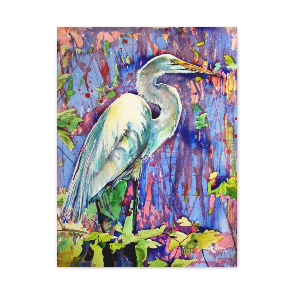 White egret Bird nerd Collector wall print art artwork Watercolor- Painted Jen Callahan Printed on Canvas and Gallery Wrapped and Ready to Hang "Rainbow White Egret"