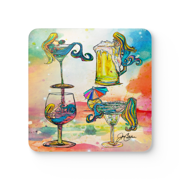 "Drunk Mermaids" Olive, Salty, Rose, Tipsy/ by Jen Callahan into a 4pcs Corkwood Coaster Set - So Cute!