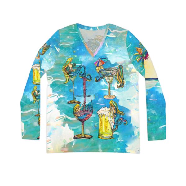 NEW Double Sided shirts with two paintings in design WOW "Drunk Mermaids & Lazy Days Palm Trees" Painting by Jen Callahan made into a Women's Long Sleeve V-neck Shirt