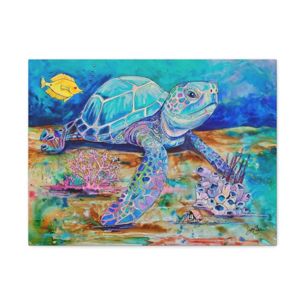 Jen Callahan Artwork |Sea Turtle with Yellow Fish on Gallery Wrapped Canvas Sea Turtle & Yellow Fish — Matte Stretched Wall Art
