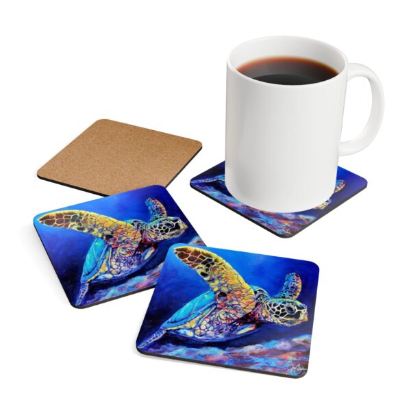 "Milton Turtle" sea turtle painted by Jen Callahan made into a 4pcs Corkwood Coaster Set - So Cute!