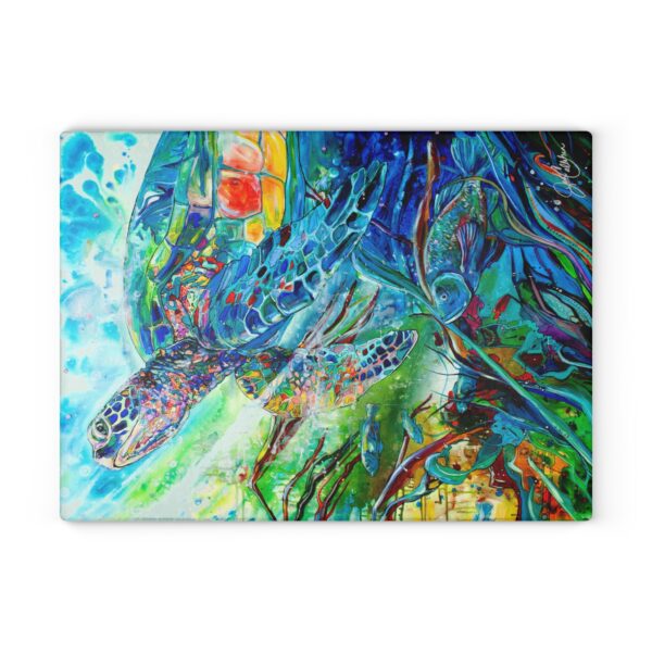 "Turtle Journey" Sea Turtle Painting by Jen Callahan designed into a Glass Cutting Board - 11"x15"