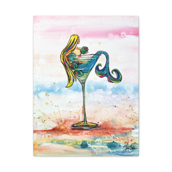 Jen Callahan Art | Drunk Mermaid in Martini Glass Matte Stretched Canvas — Colorful Beach House Wall Art