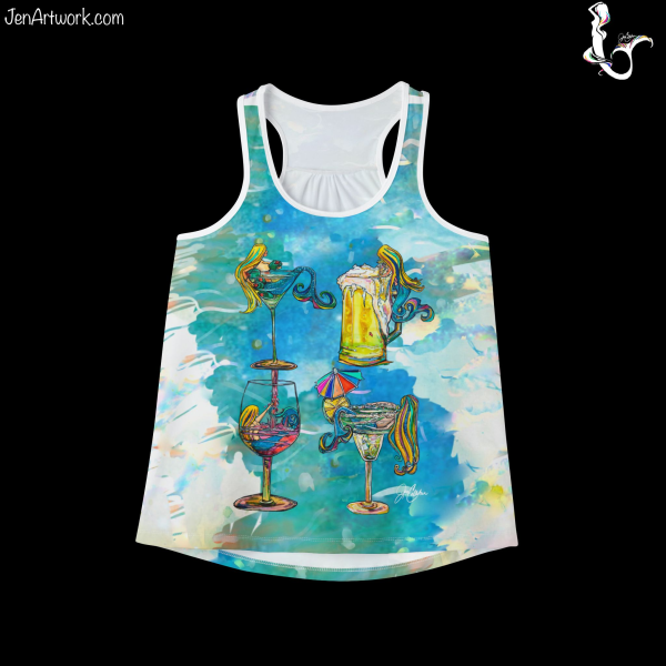 "Drunk Mermaid in Glasses" by Jen Callahan Wine-Rose, Margarita-Salty, Martini-Olive, Beer-Tipsy "NEW" Women's Cut Tank Top MADE IN USA