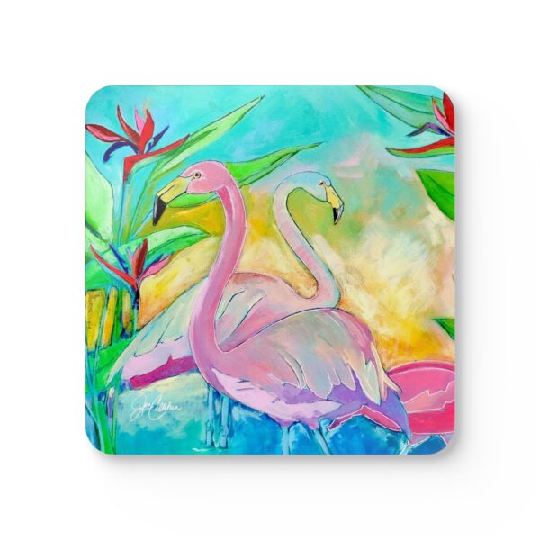Flamingo Pastel Paradise Corkwood Coaster Set — 4pc Cute Flamingo Drink Coasters