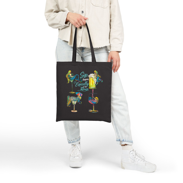 "Sip Happens Especially at the River" Canvas Tote Bag | Coastal Wine Glass Art by Jen Callahan