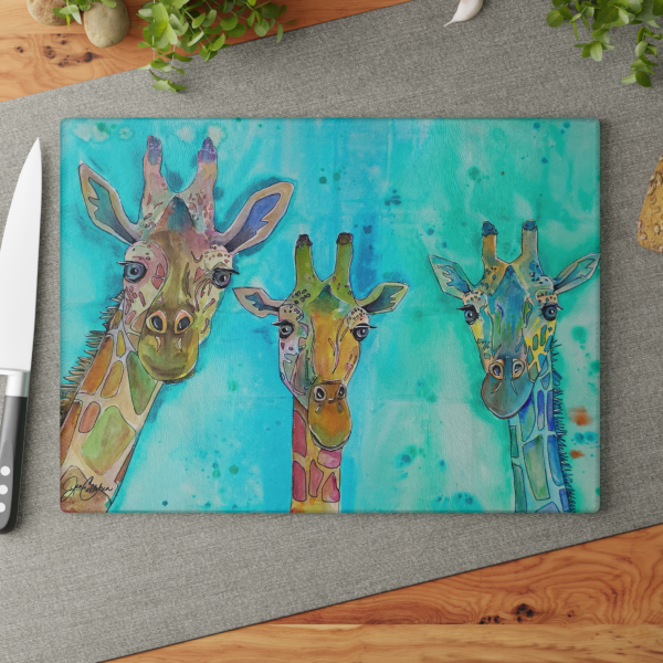 Giraffe Gossip Painting Glass Cutting Board | Decorative Hot Plate 11x15 8x11