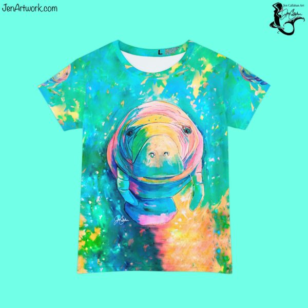 ‘’Pastel Manatee” painting design T-shirt made from Jen Callahan’s paintings into a Short Sleeve Shirt