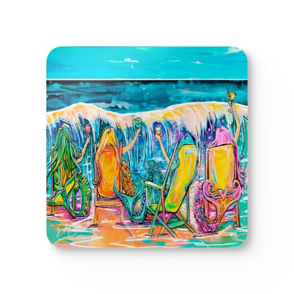 Drunk Mermaids on Vacation Corkwood Coaster Set — 4pc Cute Beachy Drink Coasters