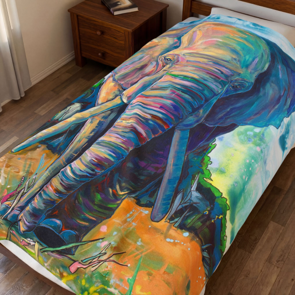 Elephant Painting Velveteen Plush Blanket — 'Elephants' Biology Gift for Biologists Twin Bed or throw sizes