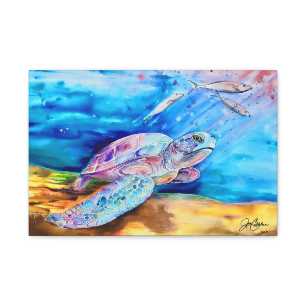Jen Callahan Art | “Turtle with 3 Fish” Canvas Print Colorful Lionfish Art