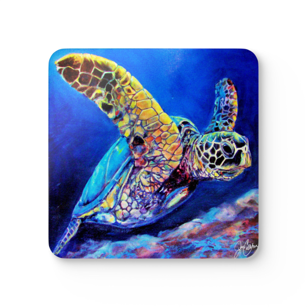 "Milton Turtle" sea turtle painted by Jen Callahan made into a 4pcs Corkwood Coaster Set - So Cute!