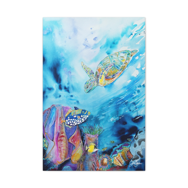 Jen Callahan Art | Turtle & Tigger Fish Coral Canvas Wall Art — Matte Stretched Beach House Painting