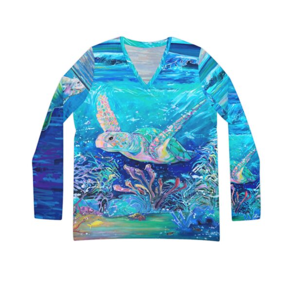 NEW Double Sided shirts with two paintings in design WOW "Ocean Layers Turtle & Baby Manatee" Painting by Jen Callahan made into a Women's Long Sleeve V-neck Shirt