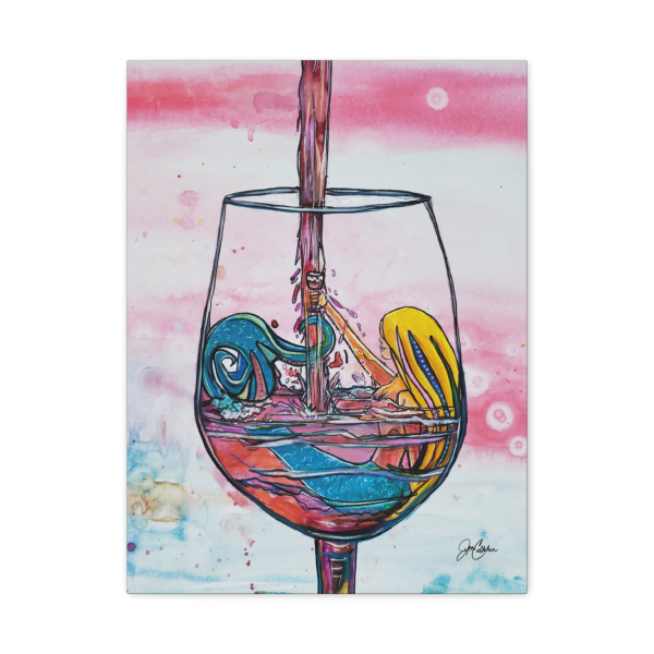 Jen Callahan © Callahan Art | “Rose” Mermaid in Wine Glass Matte Stretched Canvas — Colorful Beach House Wall Art
