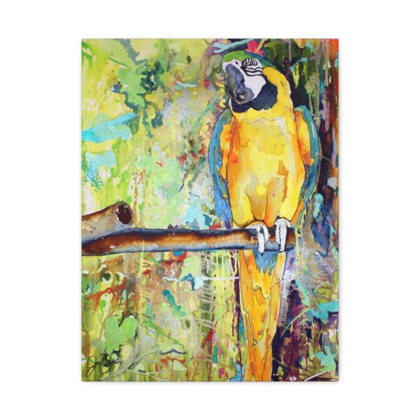 Blue & Gold Macaw Canvas Wall Art — Tropical Jungle Parrot Painting, Ready-to-Hang by Jen Callahan