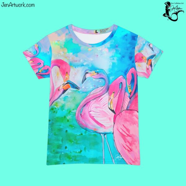 Flamingo Short sleeve of painting “Do you want to dance” design T-shirt made from Jen Callahan’s paintings into a Short Sleeve Shirt