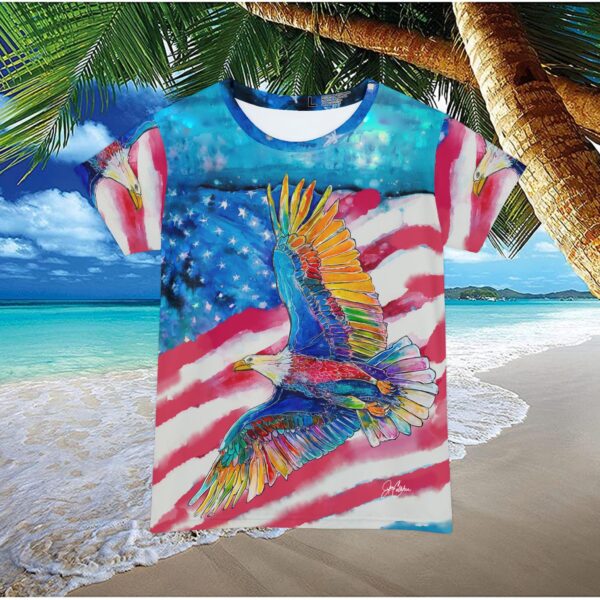‘’Old Glory” eagle 🦅 with 🇺🇸 flag T-shirt made from Jen Callahan’s paintings into a Short Sleeve Shirt usa