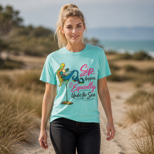 "Sip Happens Under the Sea" T-Shirt | Comfort Colors Olive Martini Tee | Mermaid Olive, Salty, Rose and Tipsy in Drinks