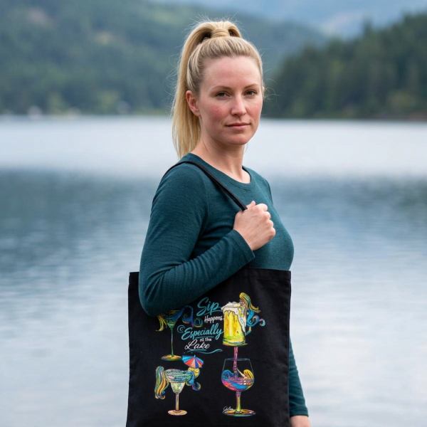 "Sip Happens Especially at the Lake" Canvas Tote Bag |Mermaid Olive, Salty, Rose and Tipsy in Drinks