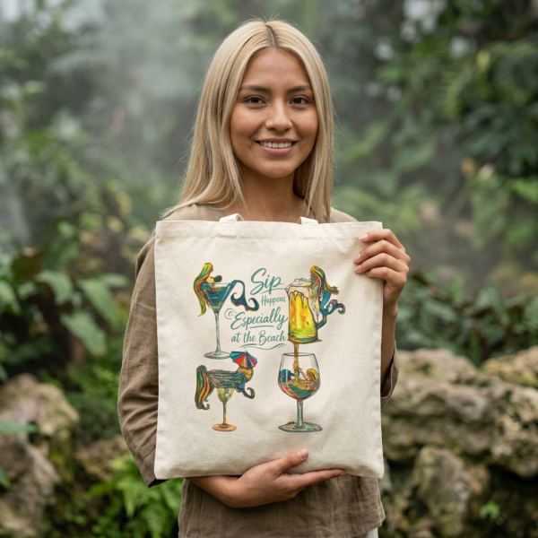 "Sip Happens Especially at the Beach" CANVAS Tote Bag | Mermaid Olive, Salty, Rose and Tipsy in Drinks