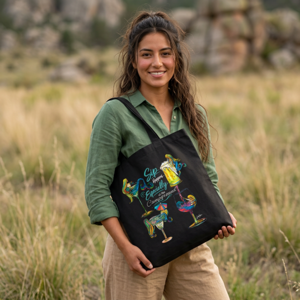 "Sip Wine Especially at the Campground" Canvas Tote Bag | Beach Mermaid Wine Glasses Graphic Tote