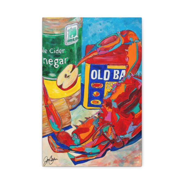 Jen Callahan Art | “Old Bay VERTICLE” Blue Crab River House Beach Decor Canvas Print Colorful Art Cooked Crabs