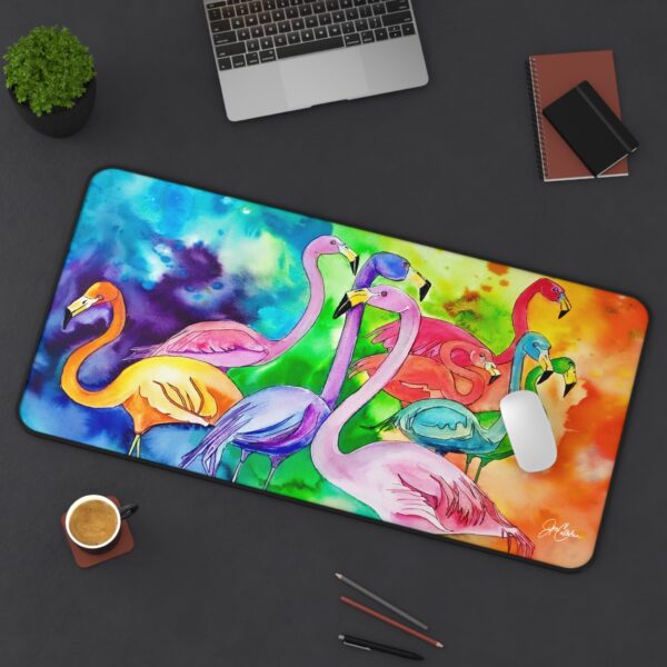 Flamingo Color Explosion Desk Mat | Watercolor Splash Painting by Jen Callahan
