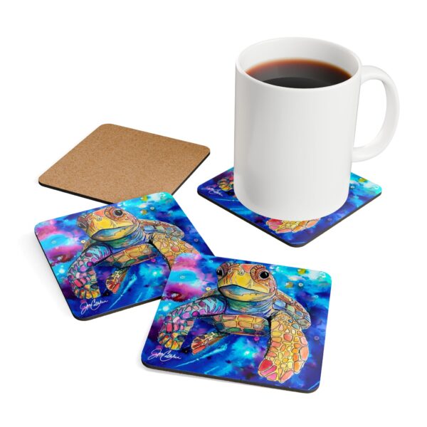 Sea Turtle Coaster Set — Cute Baby Turtle Corkwood Drink Coasters (4-Pack)