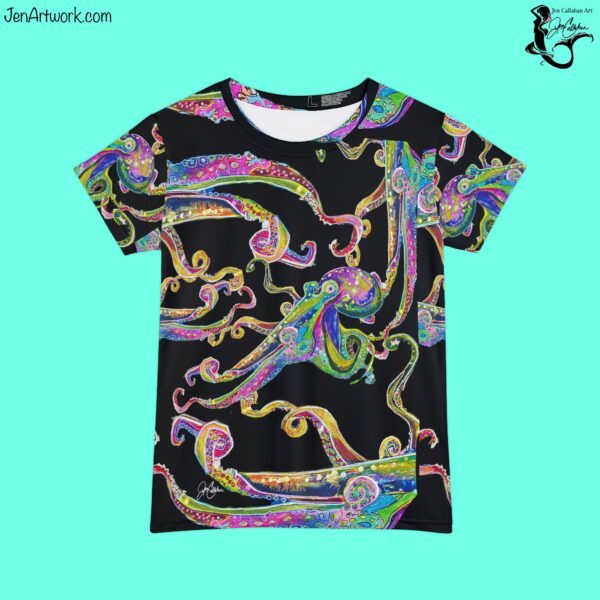 “Retro Octopus” painting design into T-shirt made from Jen Callahan’s paintings into a Short Sleeve Shirt
