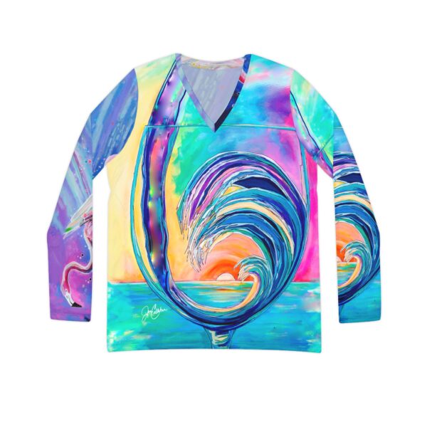 NEW Double Sided shirts with two paintings in design WOW "Last Call Wine & Flamingo Rain" Painting by Jen Callahan made into a Women's Long Sleeve V-neck Shirt