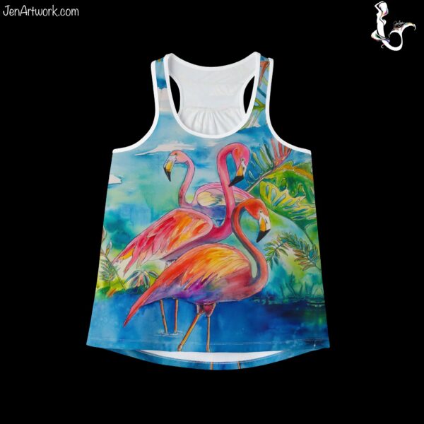 Flamingo Watercolor "Flamingo Pond" Racerback Top TANK a Painting by Jen Callahan "NEW" Women's Cut Tank Top MADE IN USA